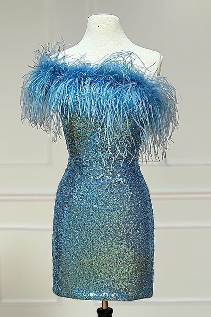 dressimeCute One Shoulder Sequins Feathered Blue Short Homecoming Cocktail Dresses H1292