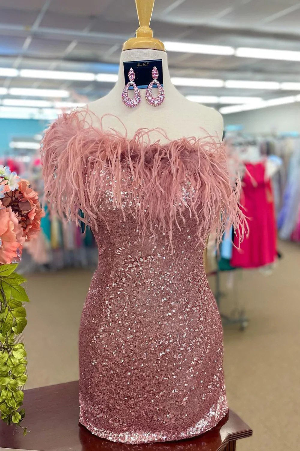 dressimeCute One Shoulder Sequins Feathered Blue Short Homecoming Cocktail Dresses H1292
