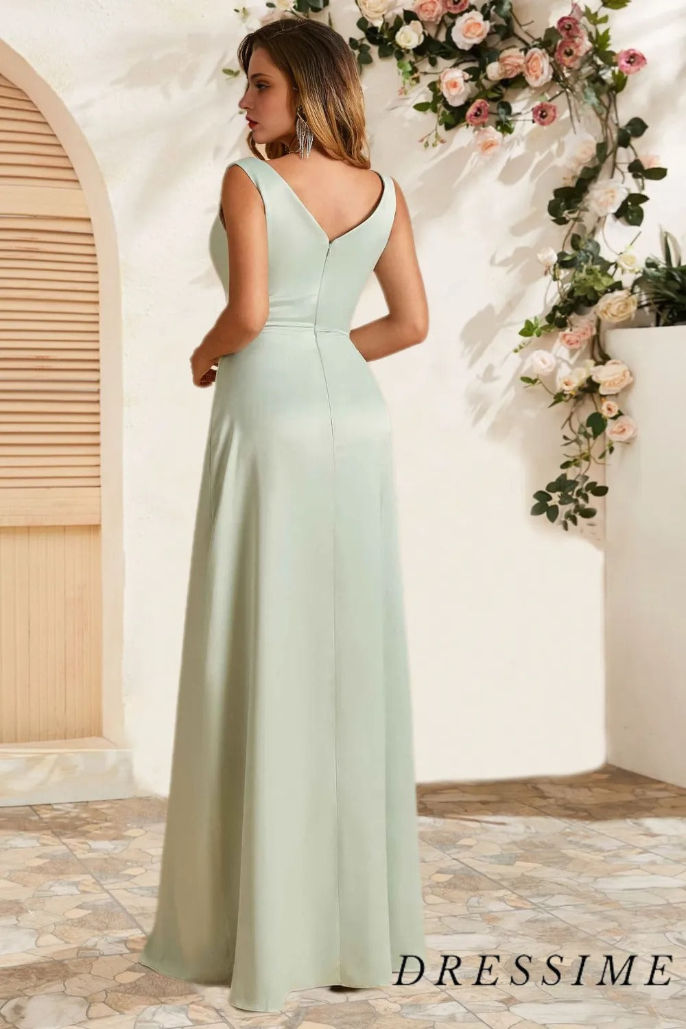 Dressime Elegant A Line Deep V Neck Satin Floor Length Long Bridesmaid Dress With Pleats dressime