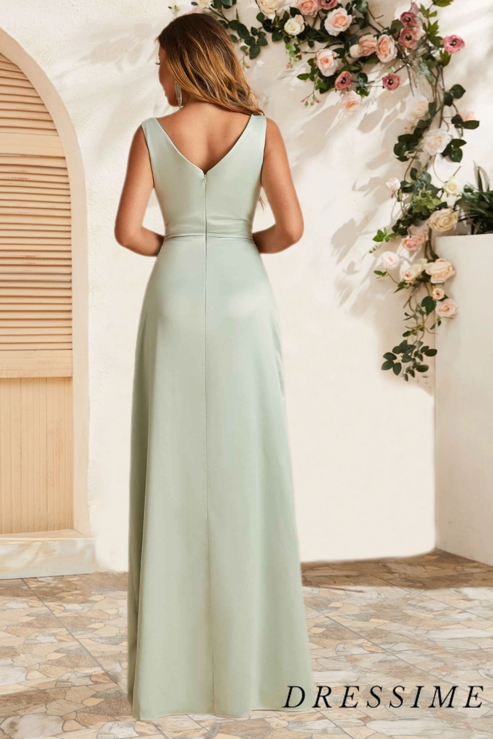 Dressime Elegant A Line Deep V Neck Satin Floor Length Long Bridesmaid Dress With Pleats dressime
