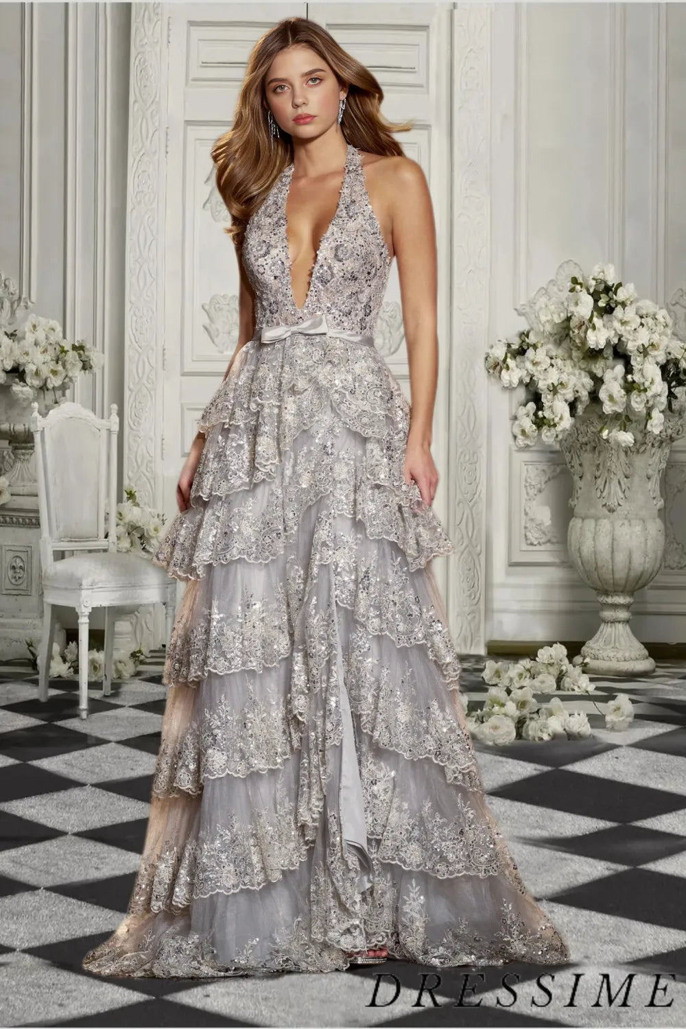 Dressime Elegant A Line Halter Tiered Slit Long Prom Dress With Sequin dressime Dressime Elegant A Line Halter Tiered Slit Long Prom Dress With Sequin dressime