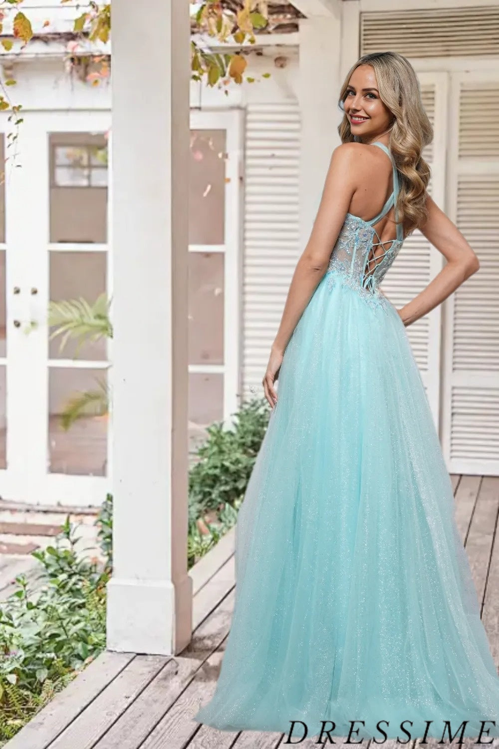 Dressime Elegant A Line Halter Tulle Long Prom Dress With Appliques dressime