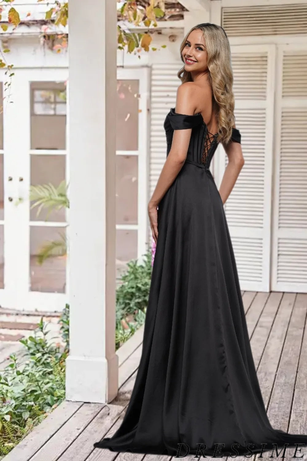 Dressime Elegant A Line Off the Shoulder Satin Slit Long Prom Dress dressime