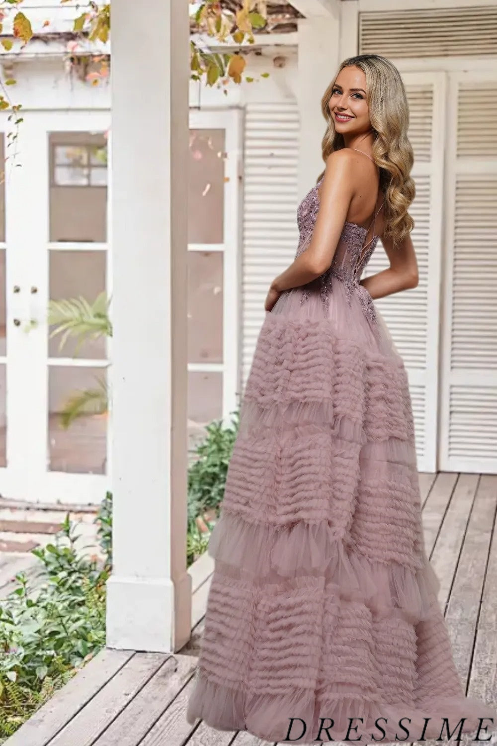 Dressime Elegant A Line Spaghetti Straps Tulle Tiered Slit Long Prom Dress With Sequin Appliques dressime