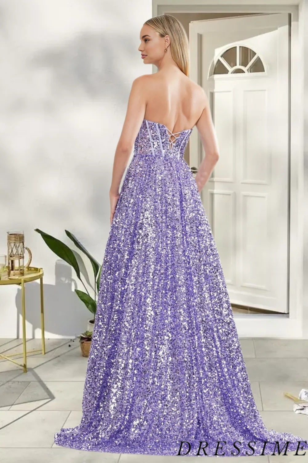 Dressime Elegant A Line Strapless Sequin Long Prom Dress With Slit dressime