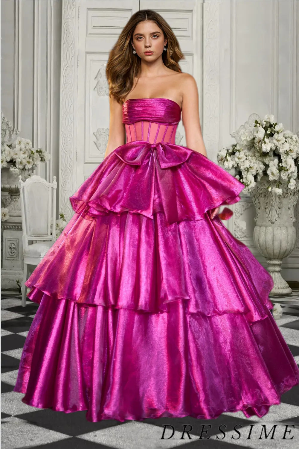 Dressime Elegant A Line Strapless Tiered Long Prom Dress with Bowknot dressime