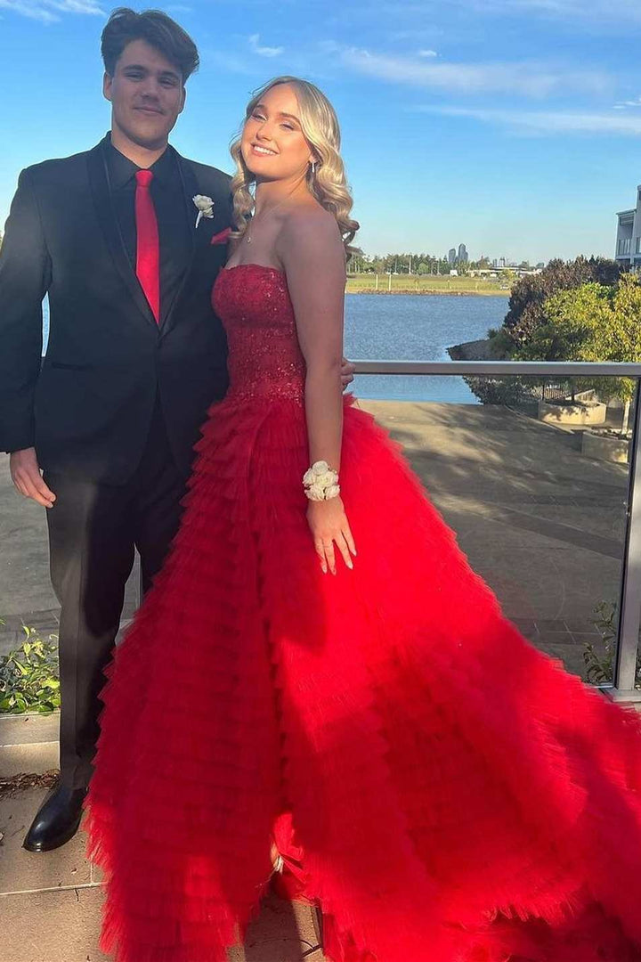 dressimeElegant A Line Strapless Tulle Tiered Prom Dresses with Slit