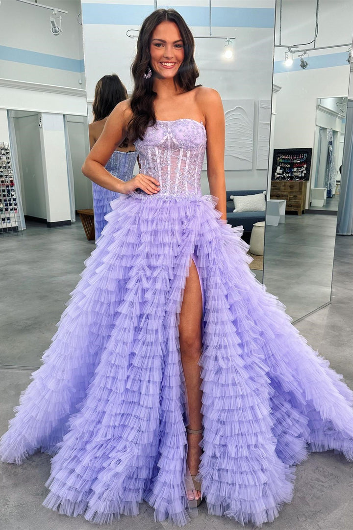 dressimeElegant A Line Strapless Tulle Tiered Prom Dresses with Slit