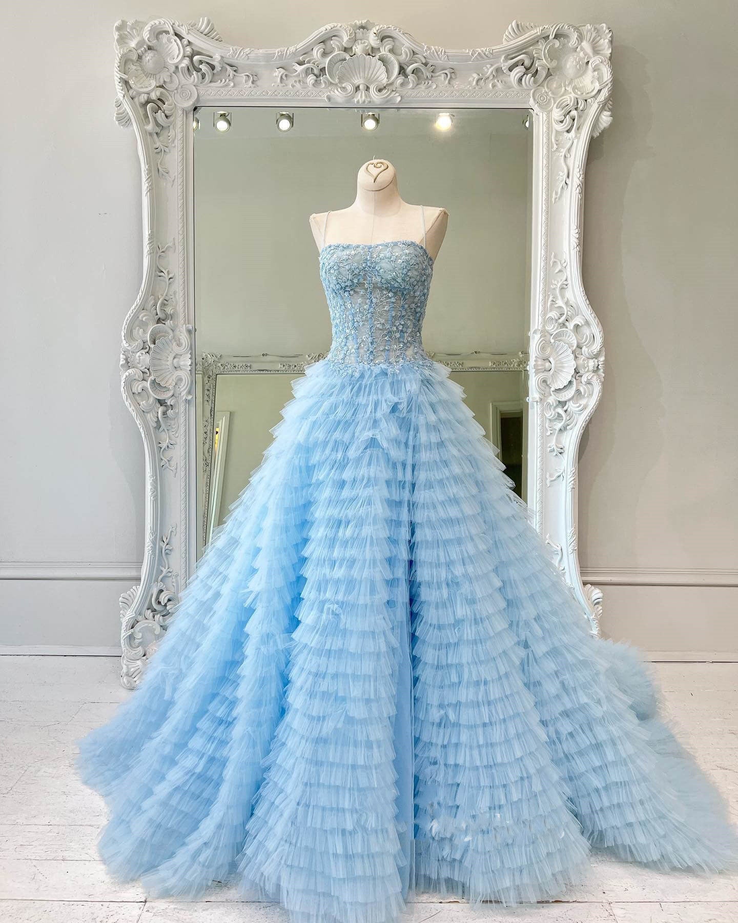 dressimeElegant A Line Strapless Tulle Tiered Prom Dresses with Slit