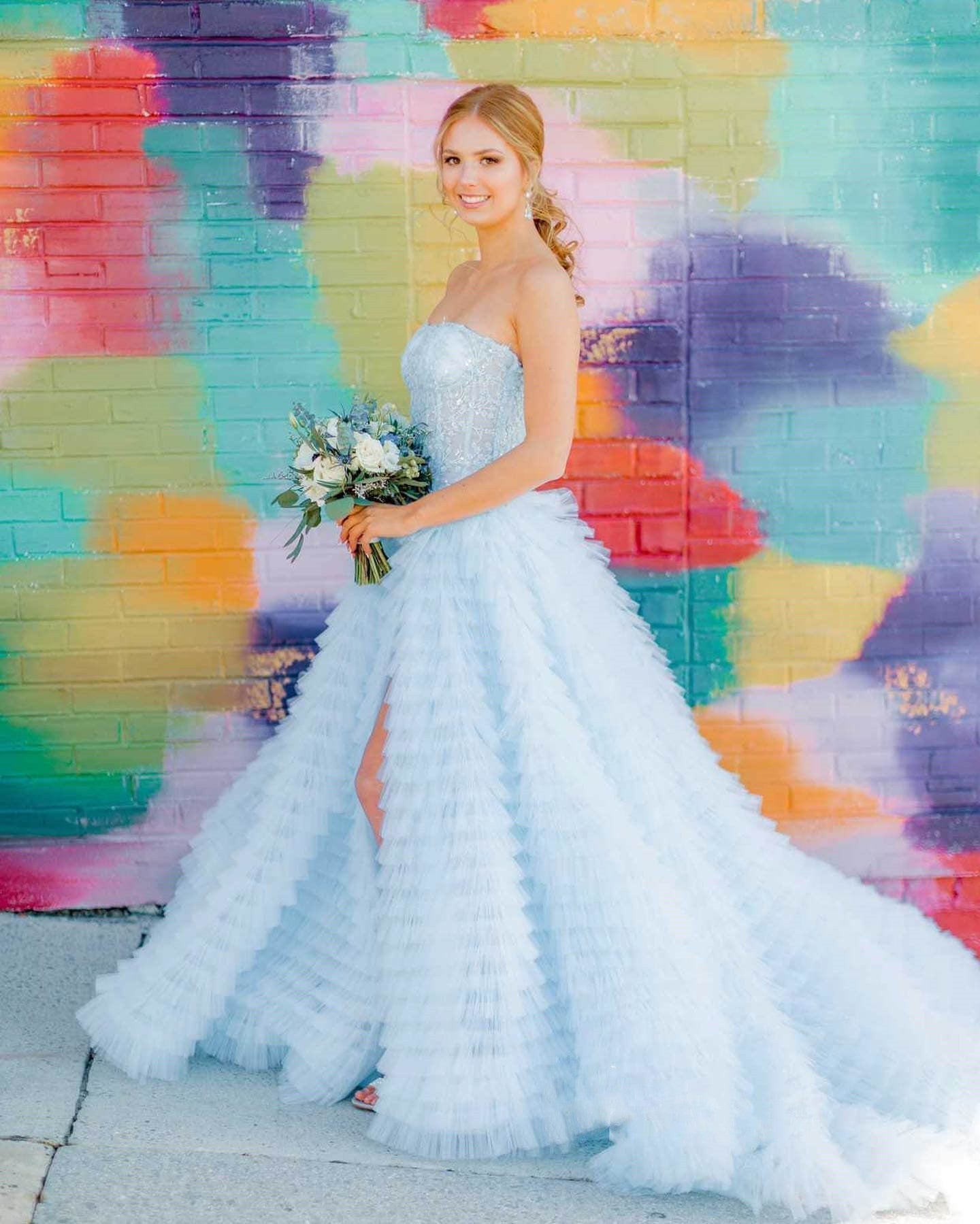 dressimeElegant A Line Strapless Tulle Tiered Prom Dresses with Slit