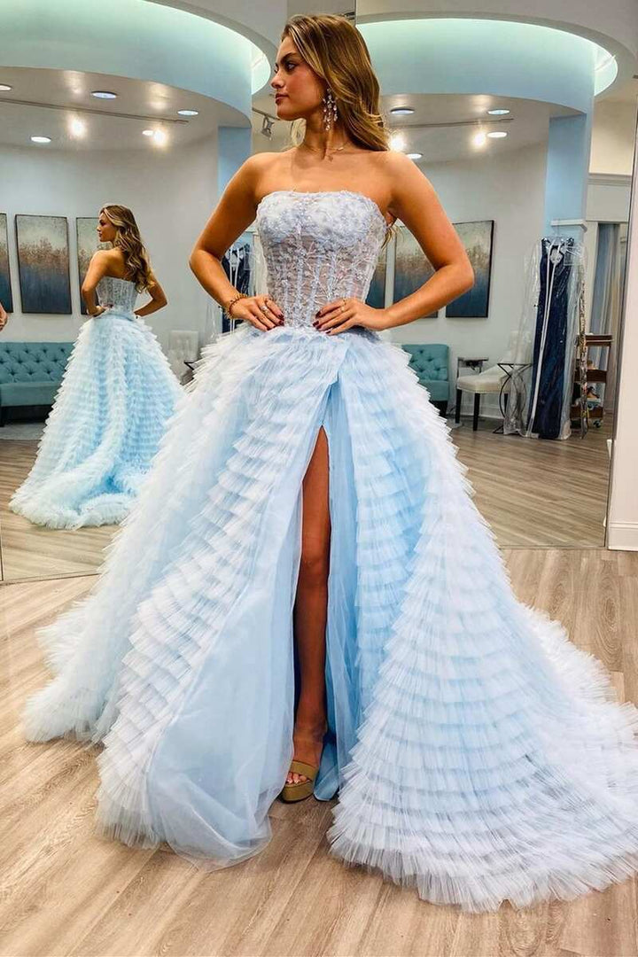 dressimeElegant A Line Strapless Tulle Tiered Prom Dresses with Slit