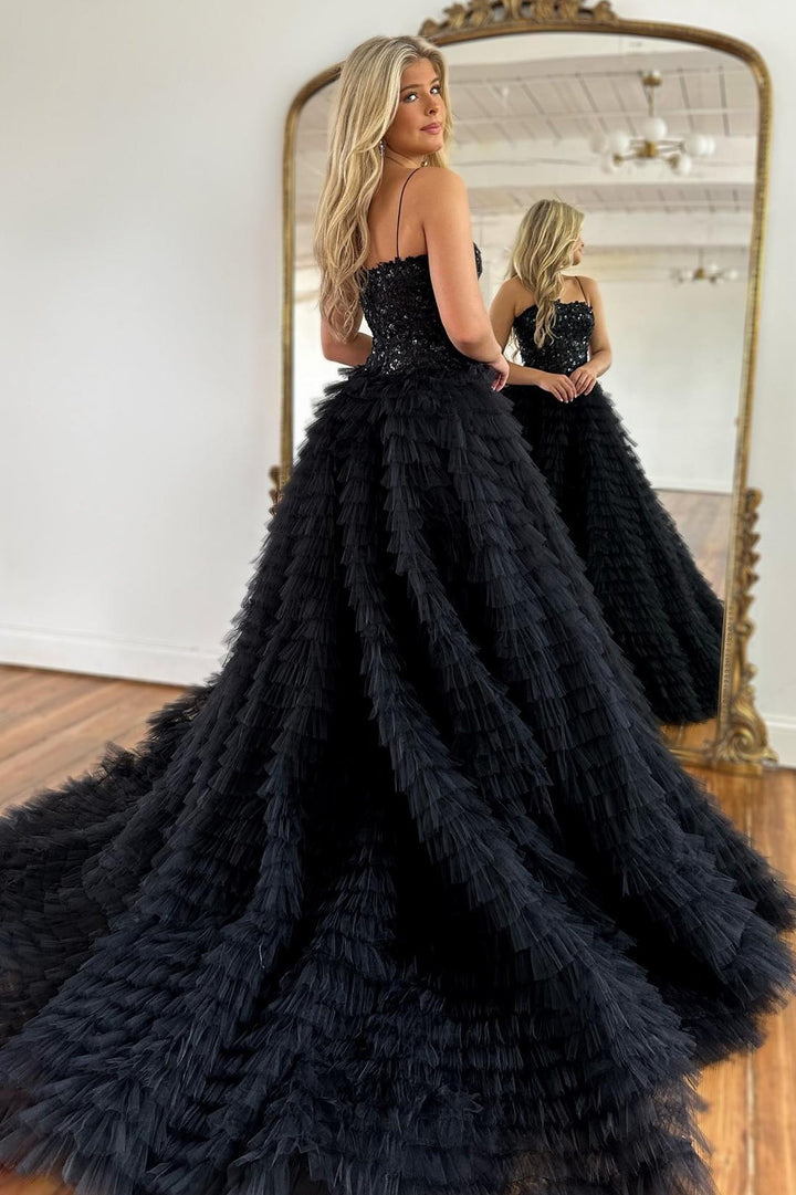 dressimeElegant A Line Strapless Tulle Tiered Prom Dresses with Slit