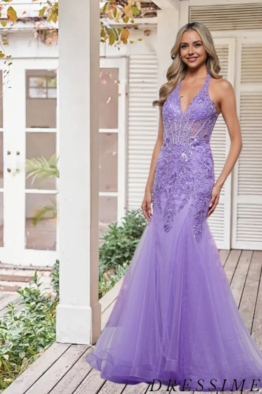 Dressime Elegant Mermaid Halter Tulle Lace Appliques Long Prom Dress dressime