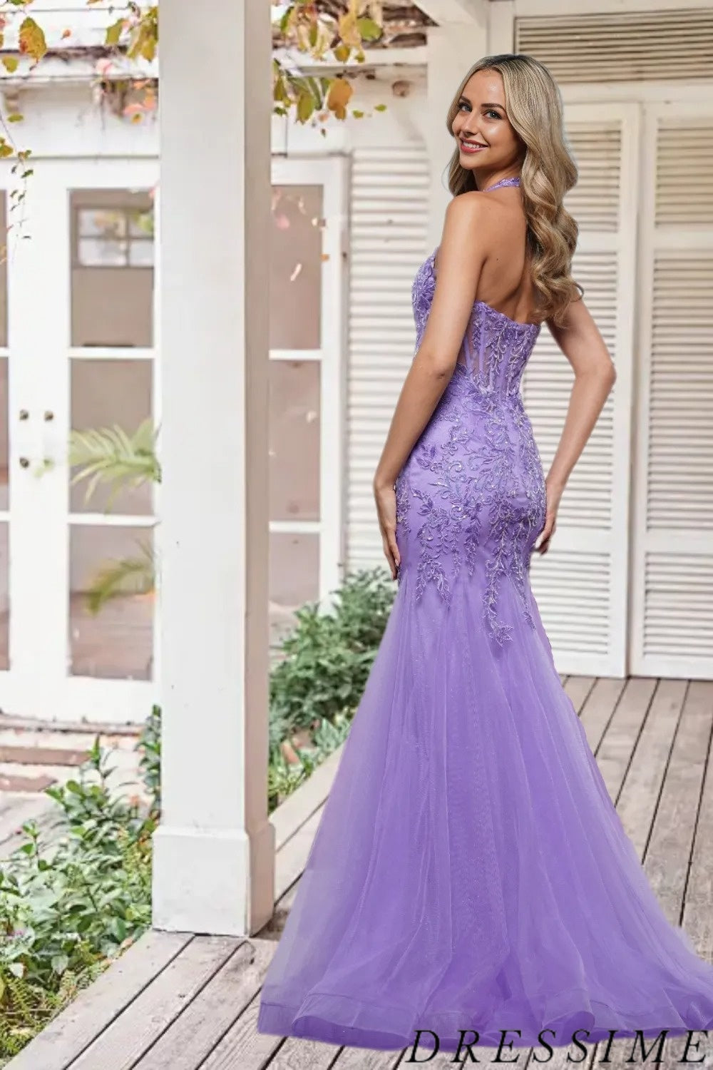 Dressime Elegant Mermaid Halter Tulle Lace Appliques Long Prom Dress dressime