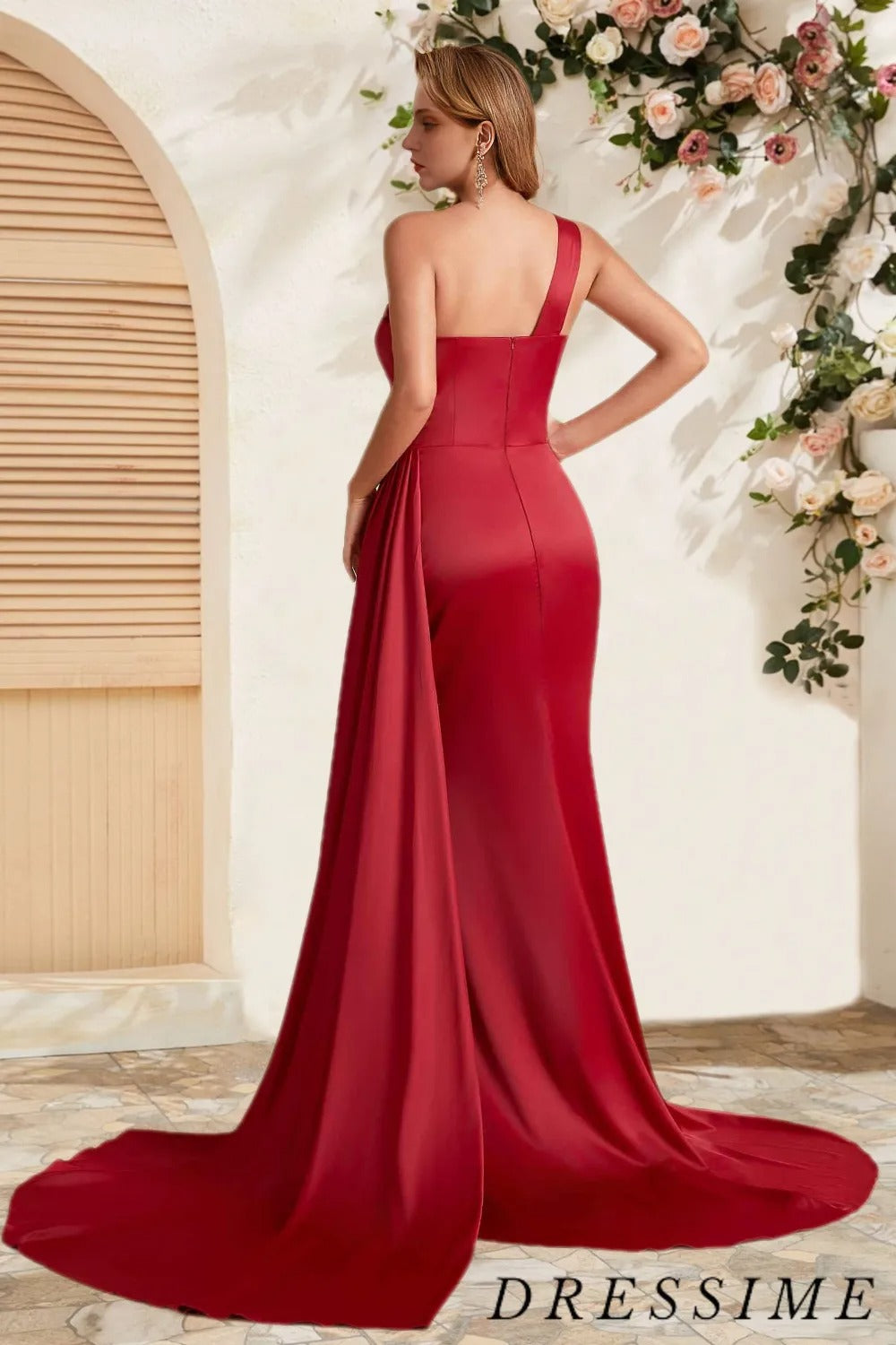 Dressime Elegant Mermaid One Shoulder Satin Long Bridesmaid Dress With Train dressime