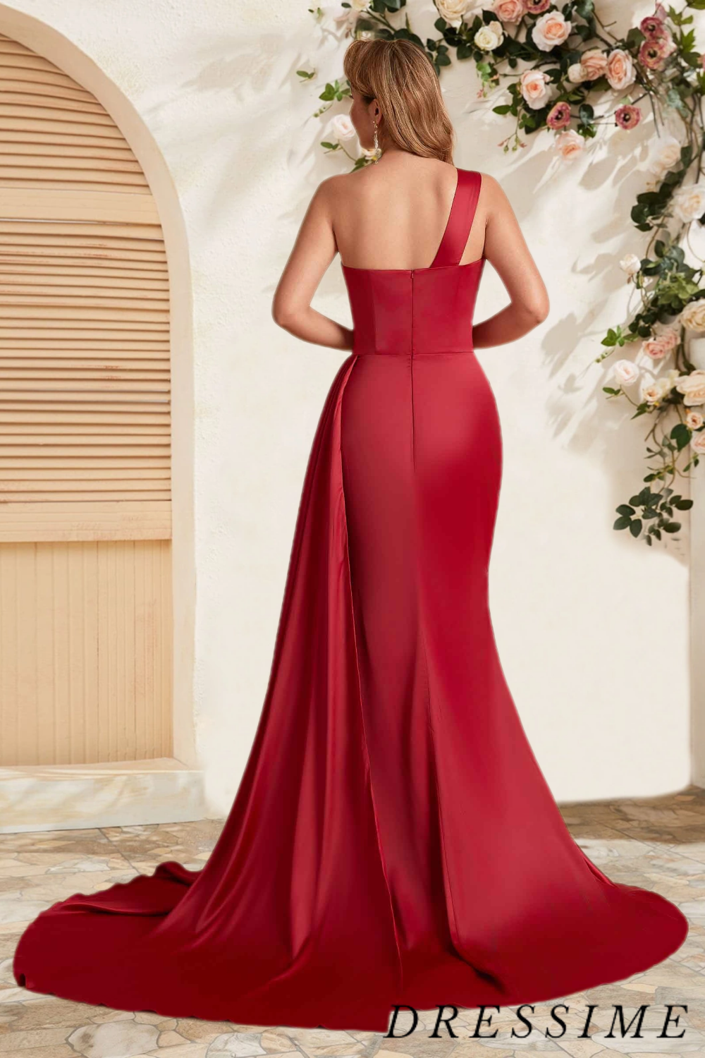 Dressime Elegant Mermaid One Shoulder Satin Long Bridesmaid Dress With Train dressime