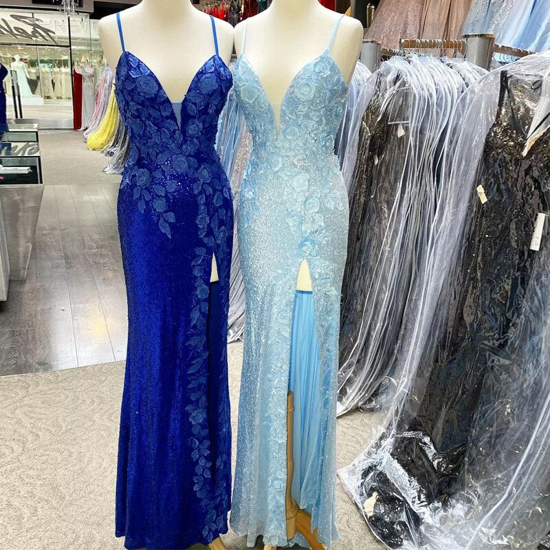 dressimeElegant Mermaid Spaghetti Straps Sequin Prom Dresses With Slit
