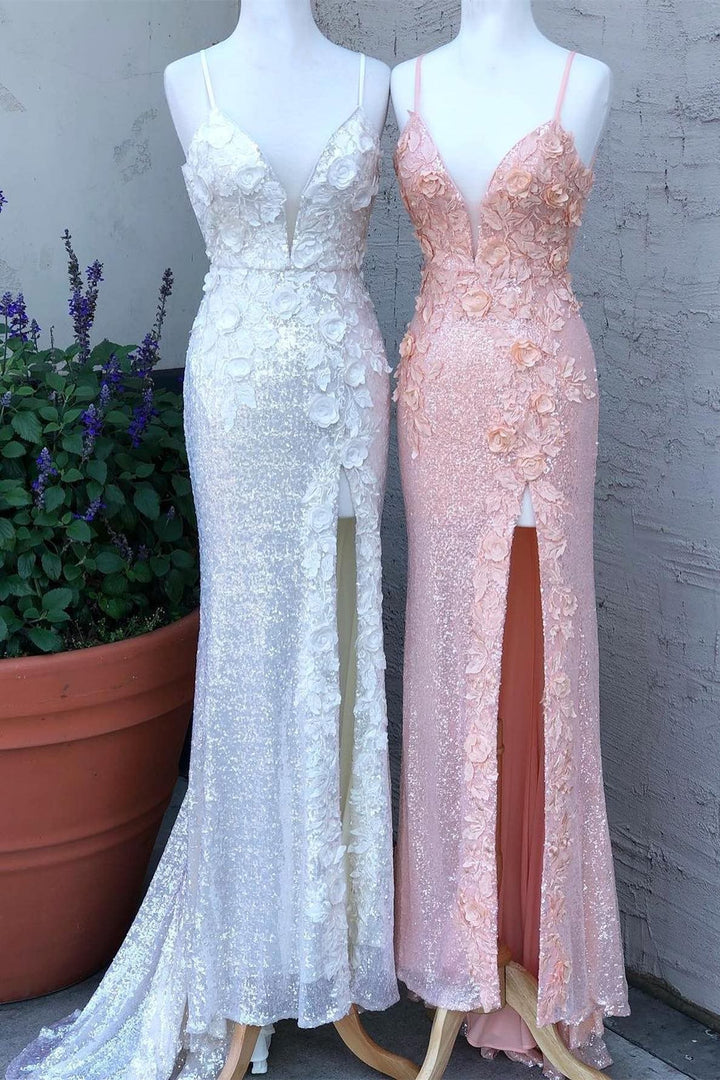 dressimeElegant Mermaid Spaghetti Straps Sequin Prom Dresses With Slit