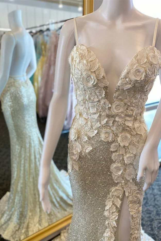 dressimeElegant Mermaid Spaghetti Straps Sequin Prom Dresses With Slit