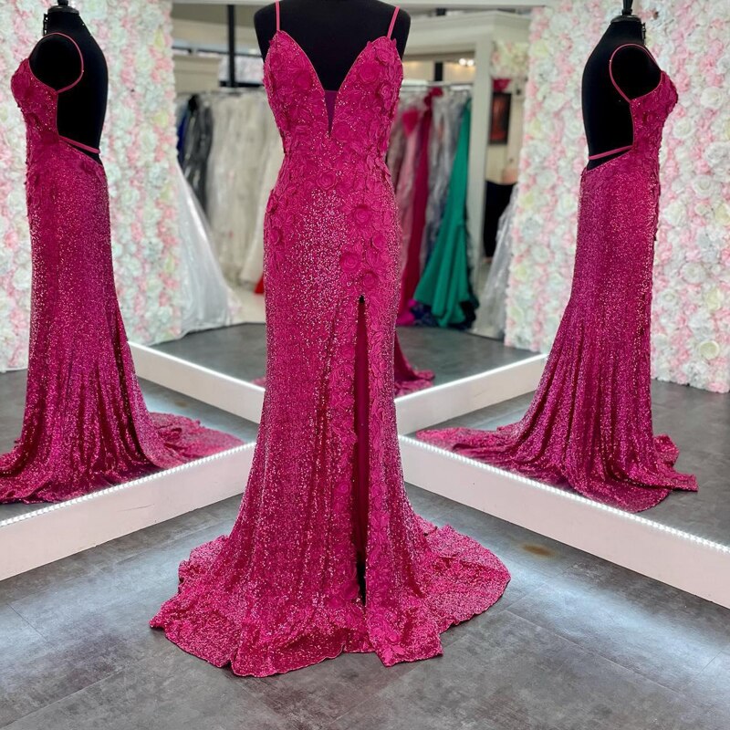 dressimeElegant Mermaid Spaghetti Straps Sequin Prom Dresses With Slit