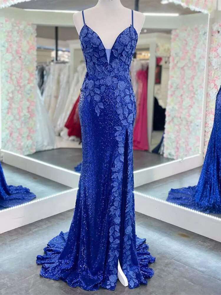 dressimeElegant Mermaid Spaghetti Straps Sequin Prom Dresses With Slit