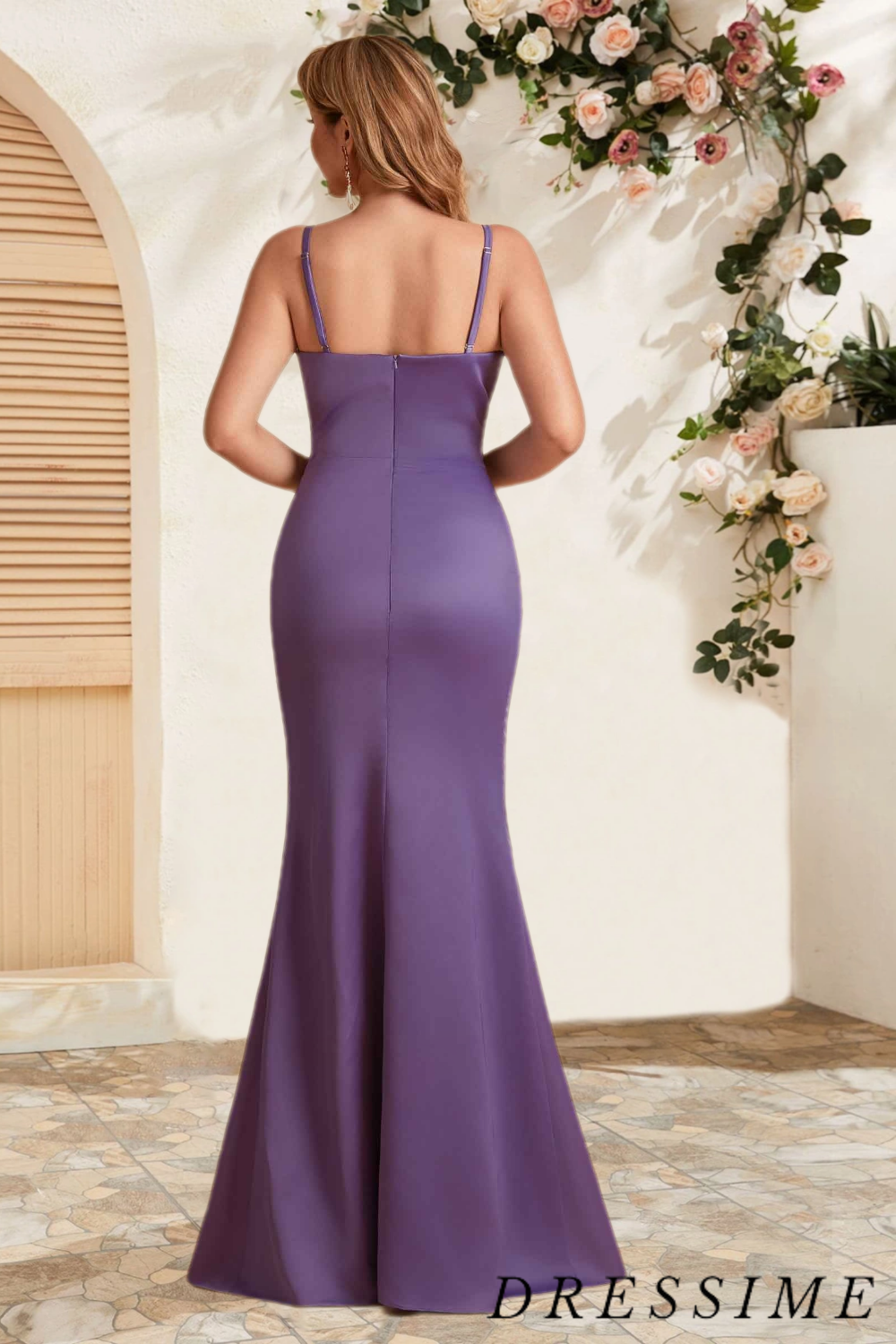 Dressime Elegant Mermaid V Neck Satin Long Bridesmaid Dress With Slit dressime