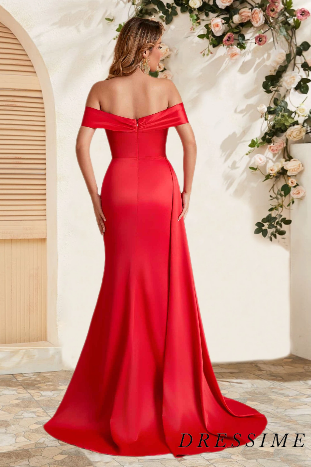 Dressime Elegant Sheath Off The Shoulder Satin Slit Long Bridesmaid Dress With Train dressime
