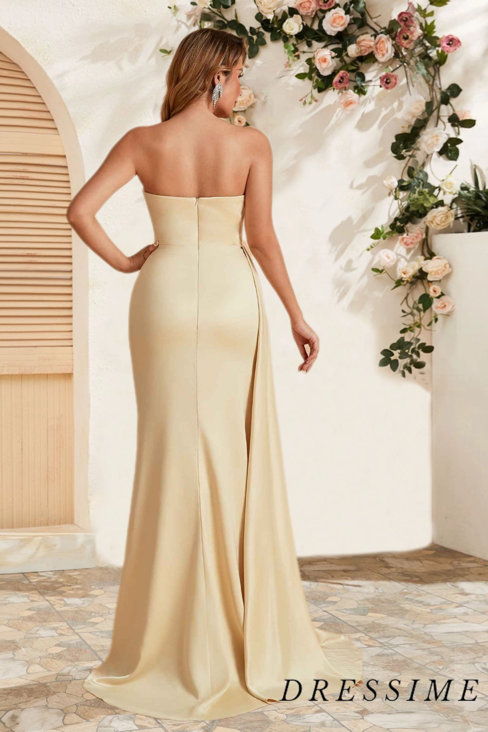 Dressime Elegant Sheath Strapless Satin Slit Long Bridesmaid Dress With Train dressime
