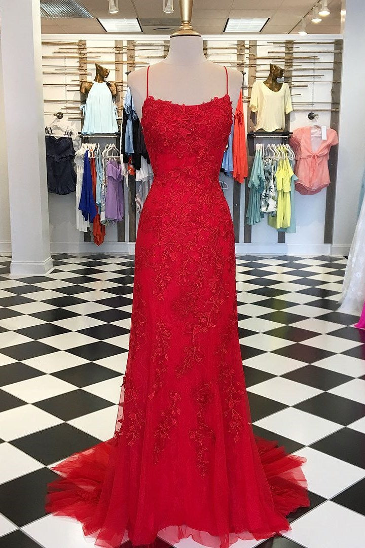 dressimeElegant Spaghetti Straps Mermaid Backless Prom Dresses
