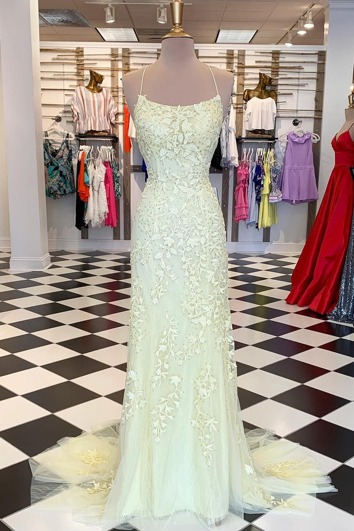 dressimeElegant Spaghetti Straps Mermaid Backless Prom Dresses