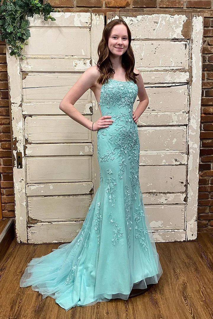 dressimeElegant Spaghetti Straps Mermaid Backless Prom Dresses