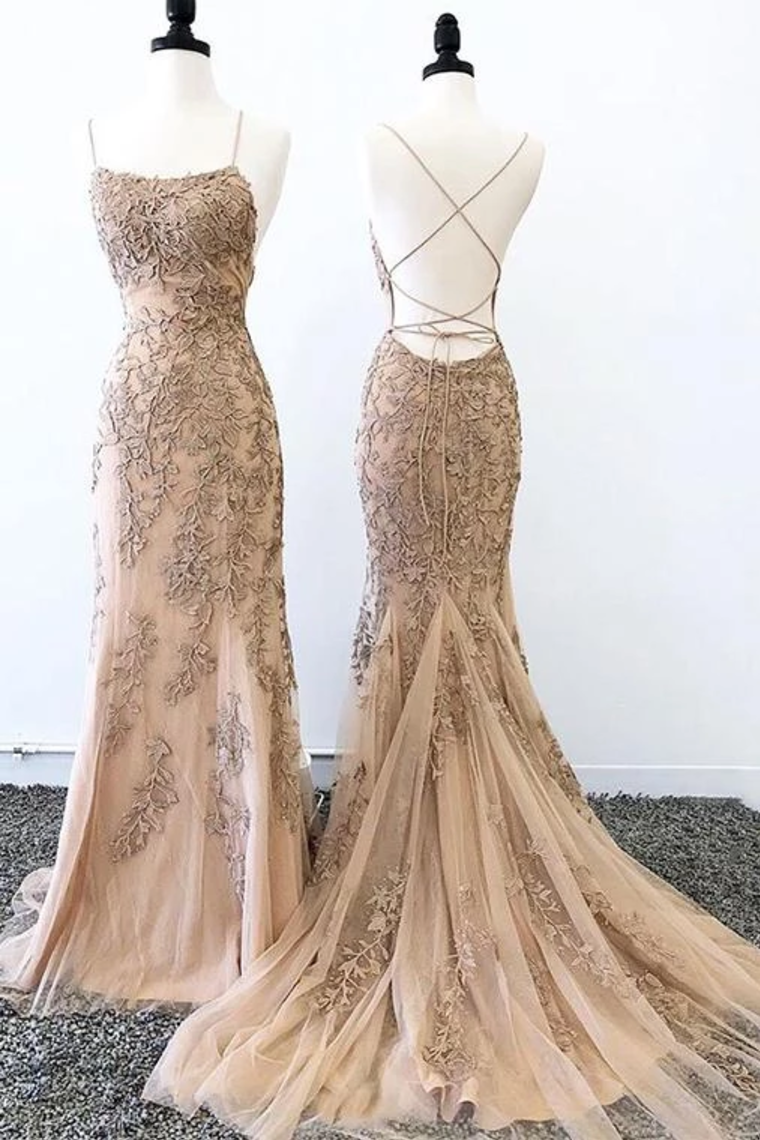 dressimeElegant Spaghetti Straps Mermaid Backless Prom Dresses