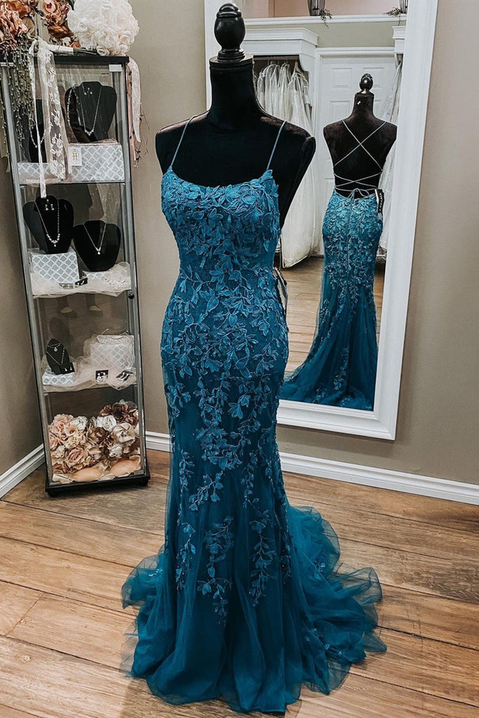 dressimeElegant Spaghetti Straps Mermaid Backless Prom Dresses