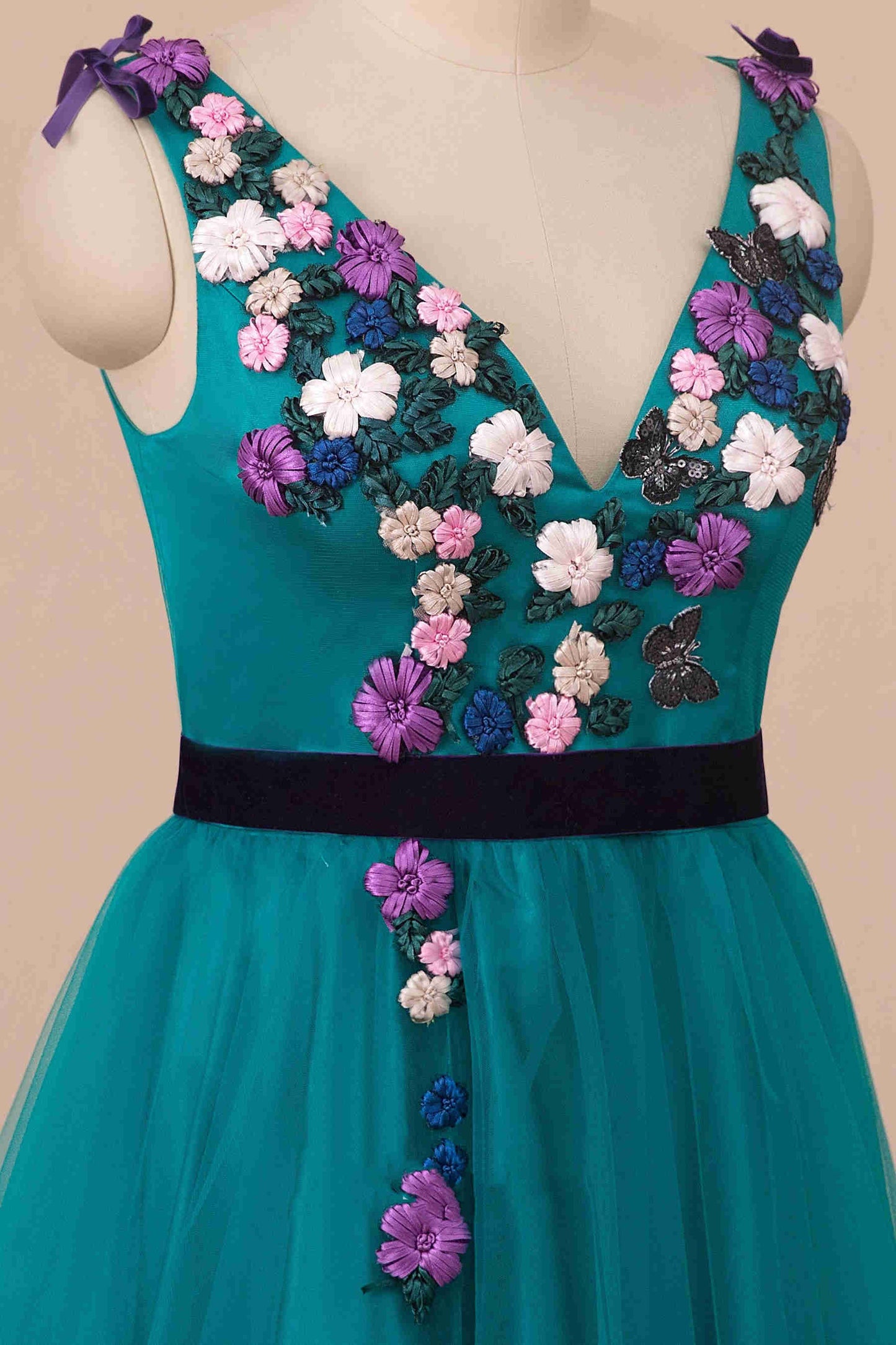 Dressime Elegant V-Neck Teal Long Prom Dress with Embroidery dressime