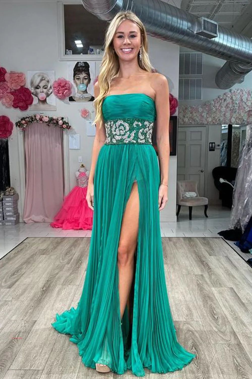 Dressime Fashion A-Line Beading Strapless Chiffon Prom Dresses With Slit dressime