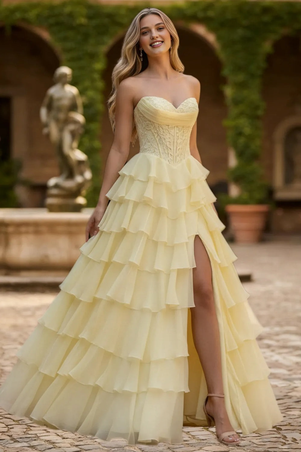 Dressime Glamorous A Line Sweetheart Corset Ruffles Slit Long Tiered Prom Dress With Appliques