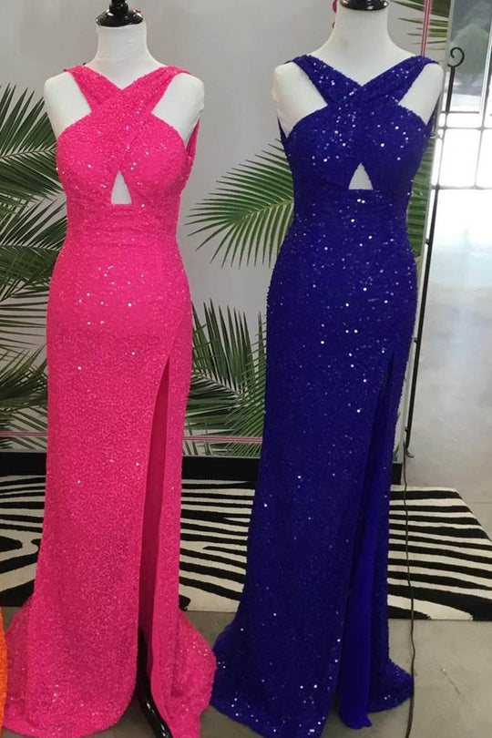 dressimeGlitter Mermaid Sequin Cross Neck Long Prom Dresses With Slit