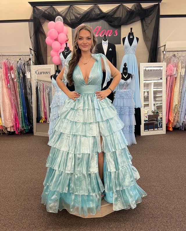 Dressime Glitter Tie Straps Plunging V Neck Tiered Long Prom Dress dressime