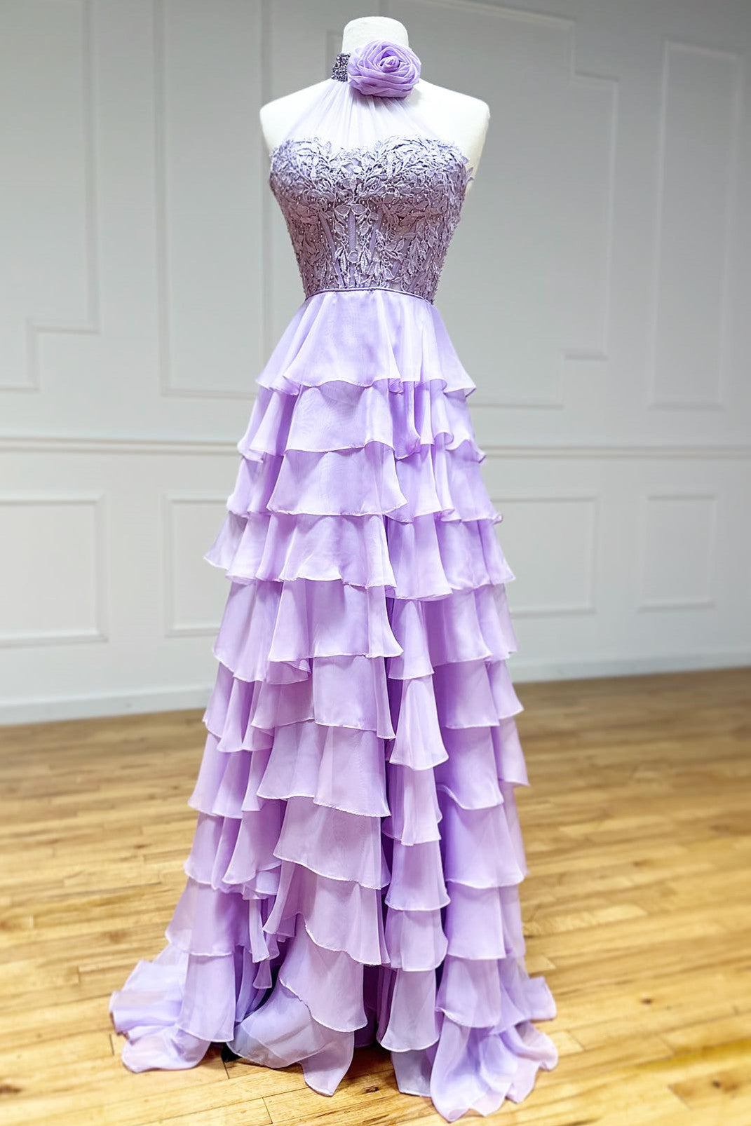 Dressime High Neck Ruffle Chiffon Long Tiered Prom Dresses with 3D Flo dressime Dressime High Neck Ruffle Chiffon Long Tiered Prom Dresses with 3D Flo dressime