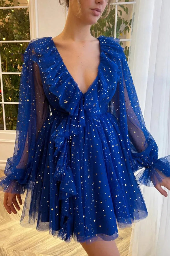 Dressime Long Sleeve V Neck Tulle Short Homecoming Dress With Ruffles dressime Dressime Long Sleeve V Neck Tulle Short Homecoming Dress With Ruffles dressime