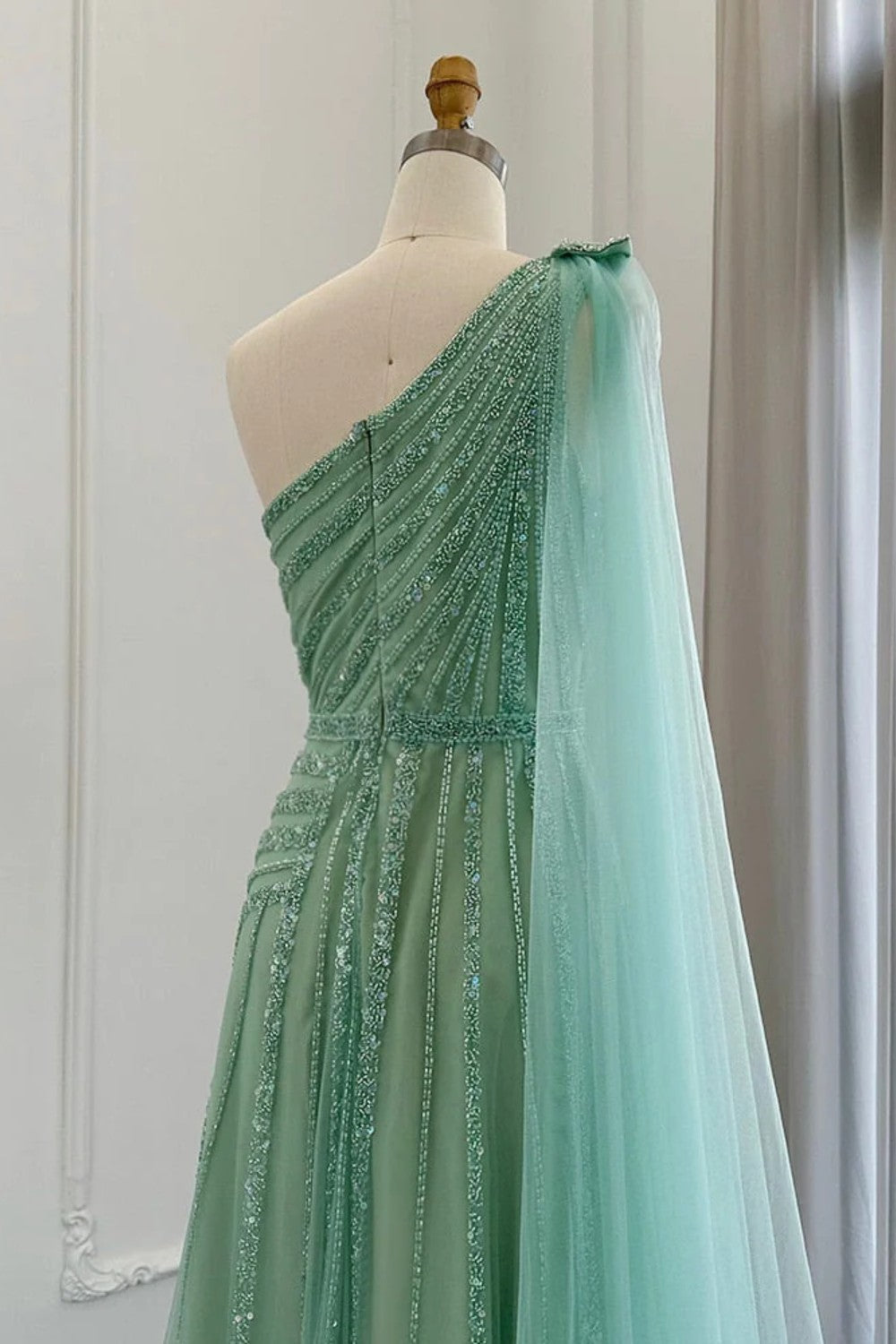 dressimeLuxury One Shoulder Tulle Beaded Slit Prom Dress with Cape