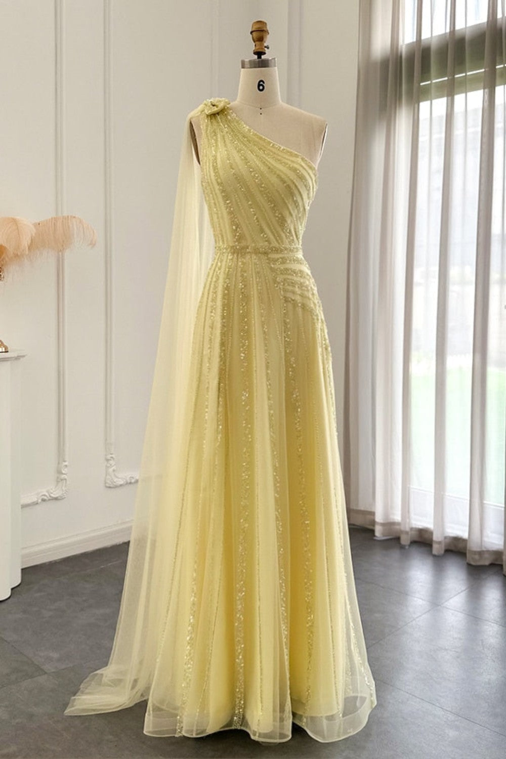 Dressime Luxury One Shoulder Tulle Beaded Slit Prom Dress with Cape dressime Dressime Luxury One Shoulder Tulle Beaded Slit Prom Dress with Cape dressime