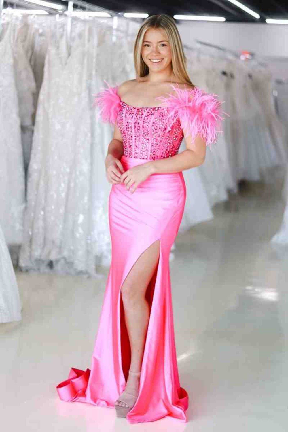 Dressime Mermaid Off The Shoulder Satin Beaded Side Slit Long Prom Dress With Feather dressime