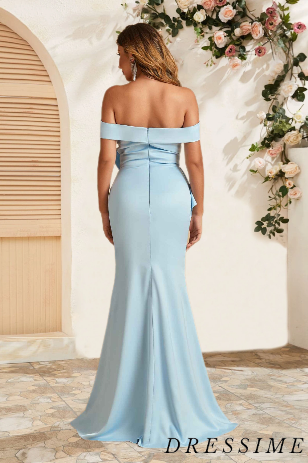 Dressime Mermaid Off The Shoulder Satin Slit Long Bridesmaid Dress With Ruffles dressime
