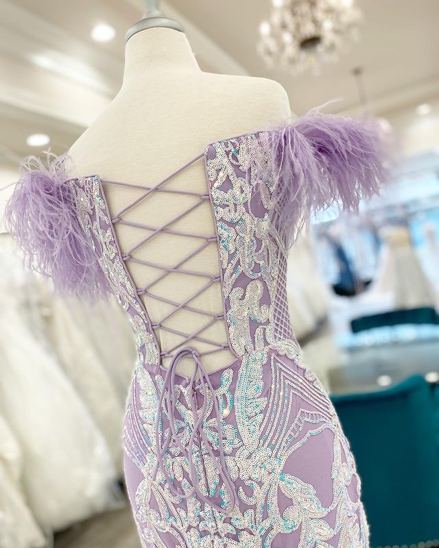 Dressime Mermaid Off The shoulder Sequin Appliques Feather Prom Dress With Slit dressime