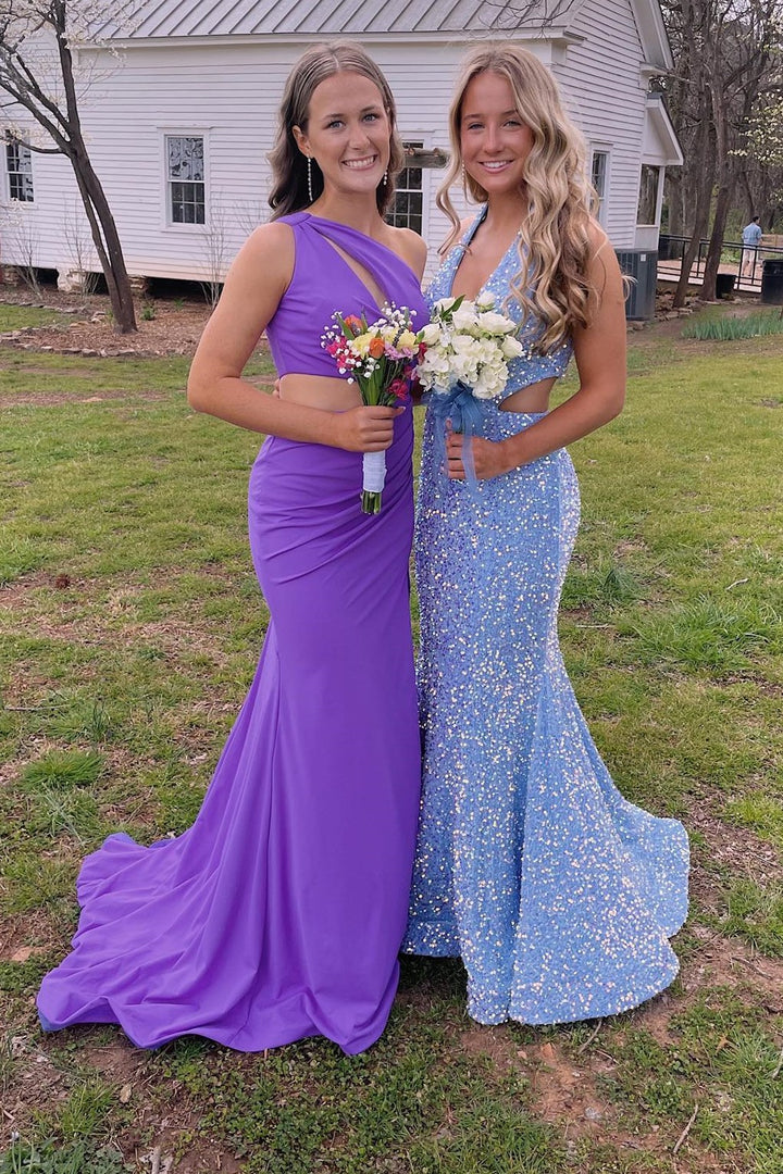 dressimeMermaid One-Shoulde Keyhole Long Prom Dresses with Slit