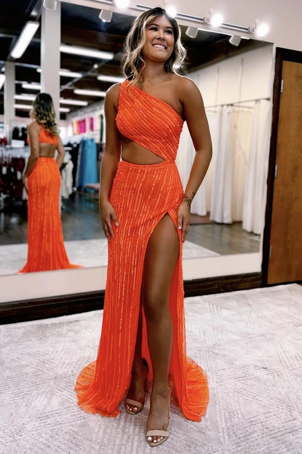 dressimeMermaid One Shoulder Cut Out Prom Dresses with Split