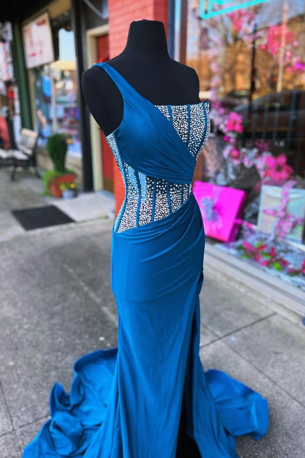 Dressime Mermaid One Shoulder Long Prom Dress with Rhinestones dressime
