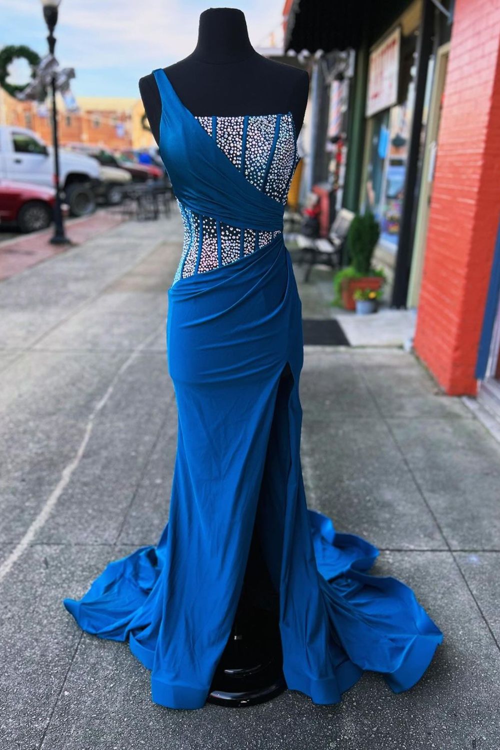 Dressime Mermaid One Shoulder Long Prom Dress with Rhinestones dressime