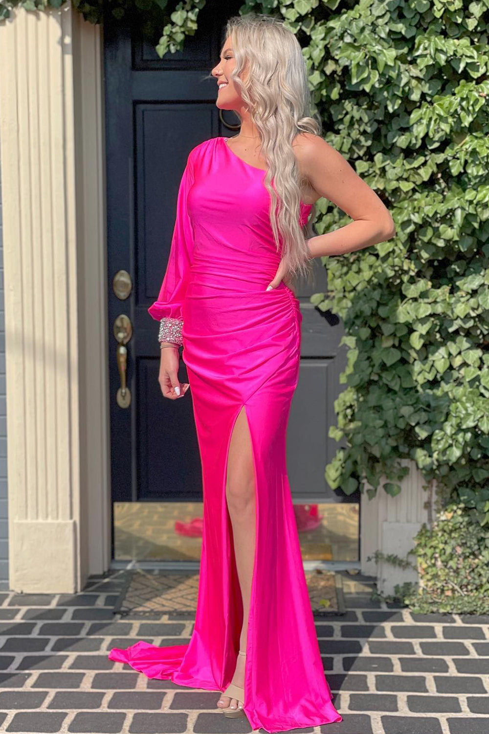 dressimeMermaid One Shoulder Long Sleeves Prom Dresses with Slit